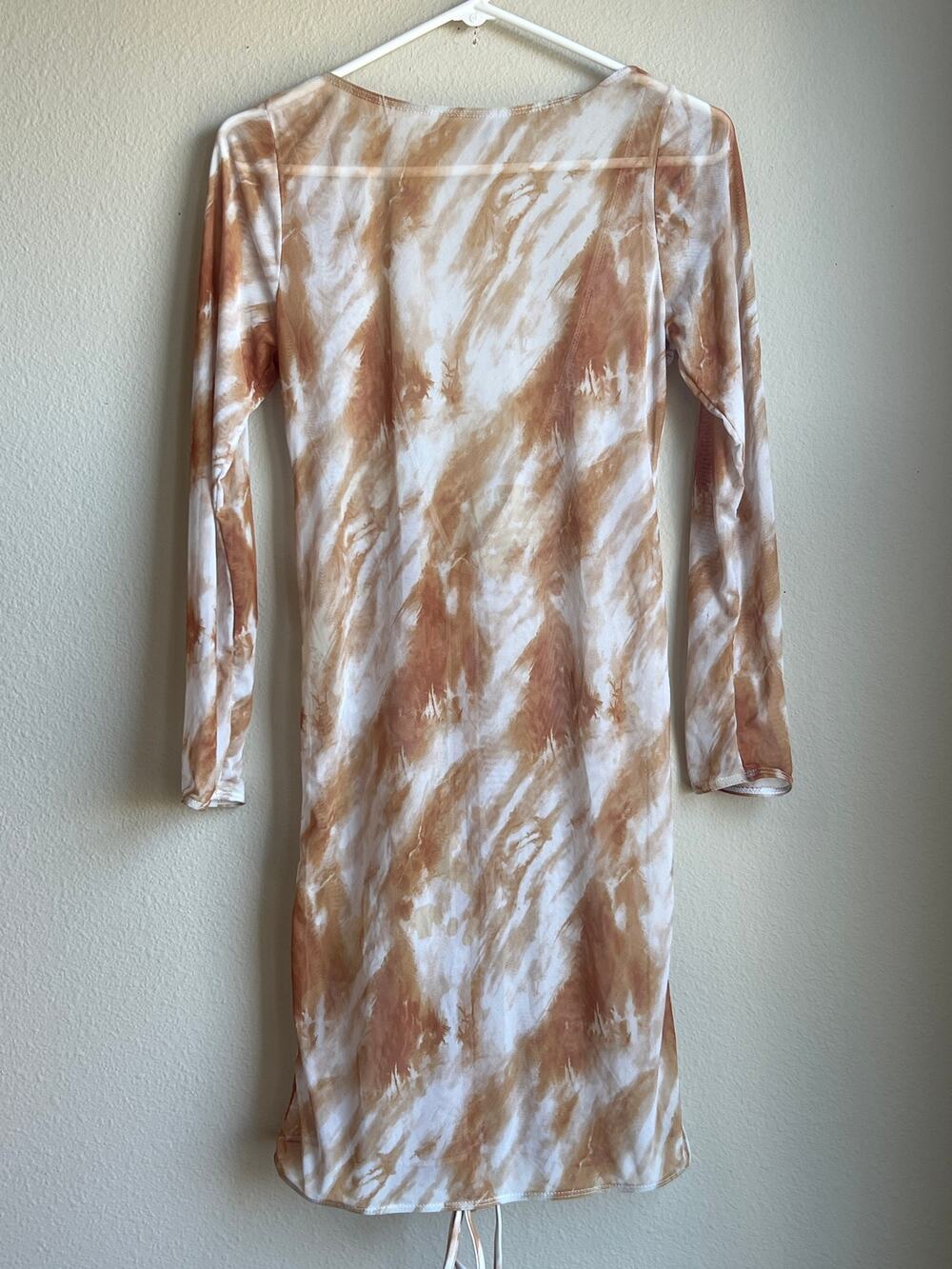 Shein Tan Tie Dye Long Sleeve Sheer Mesh Open Back Ruched Bodycon Dress Medium
